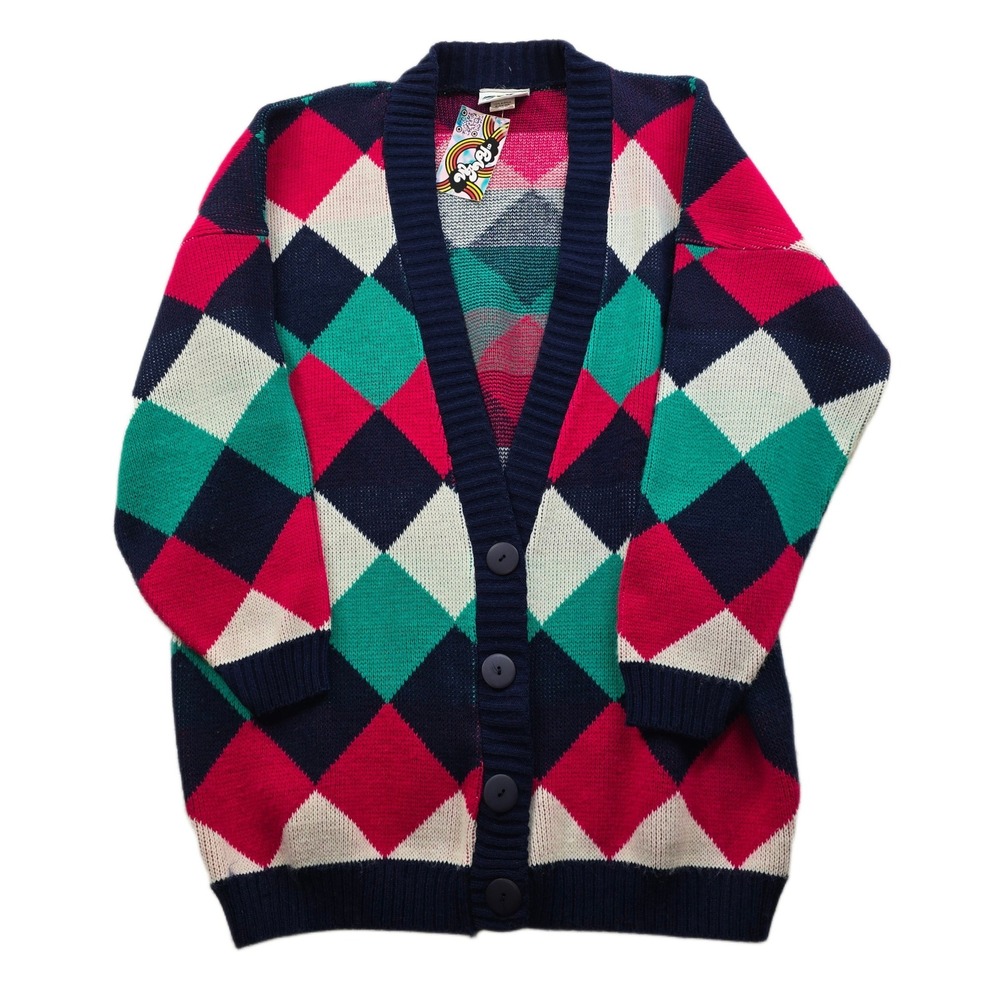 Vintage 80s Argyle Cardigan Sweater Women‎ 2X/3X Plus Fun Color Knit USA NEW